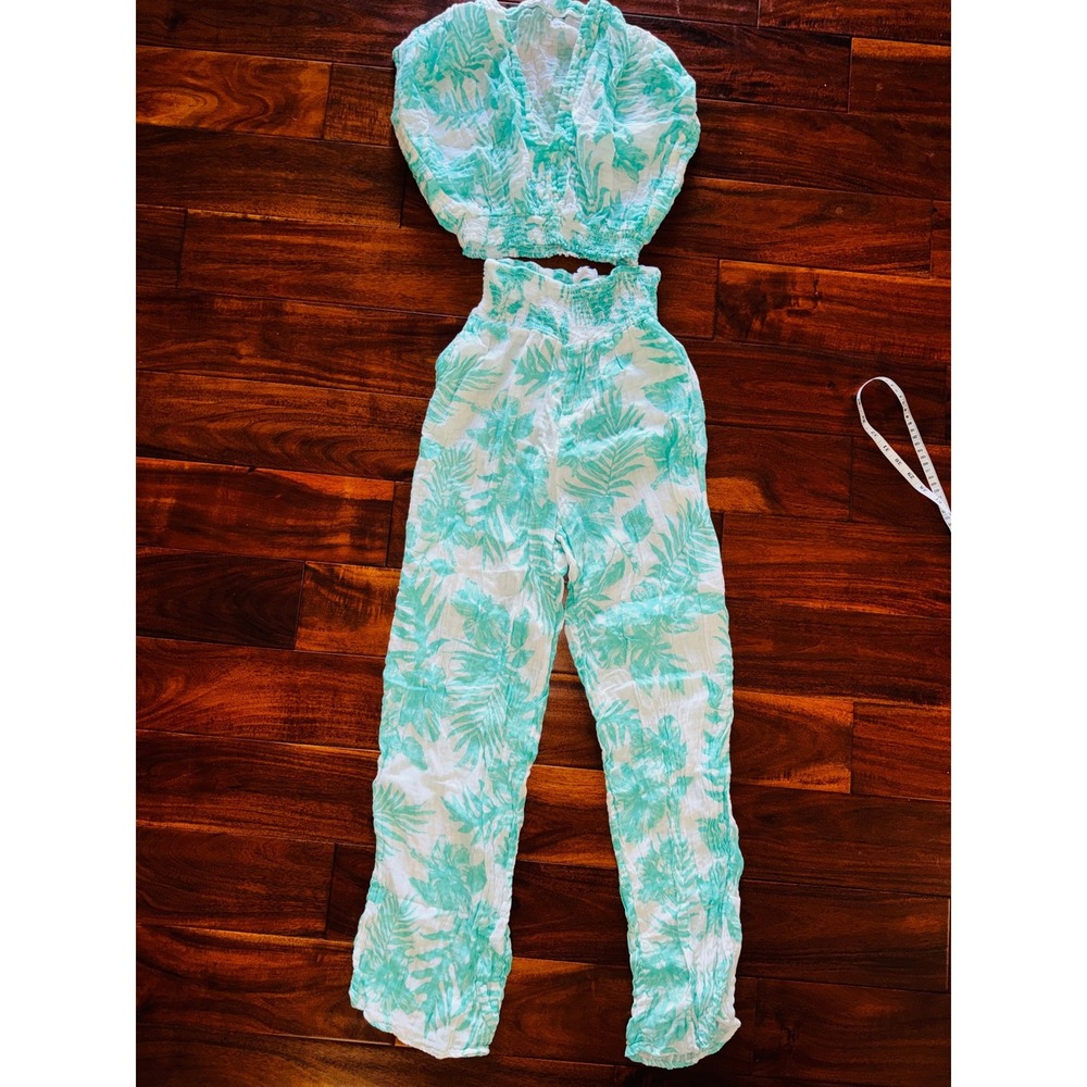 Felicité Matching Set Women XS Tropical Palm Gauze Top Pants Excellent